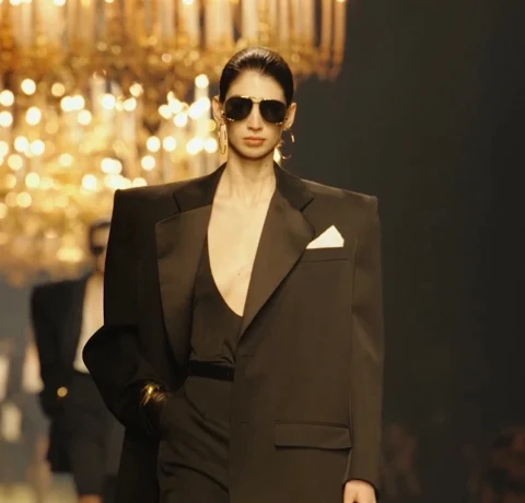 Black tailoring reference with strong shoulders and satin lapels